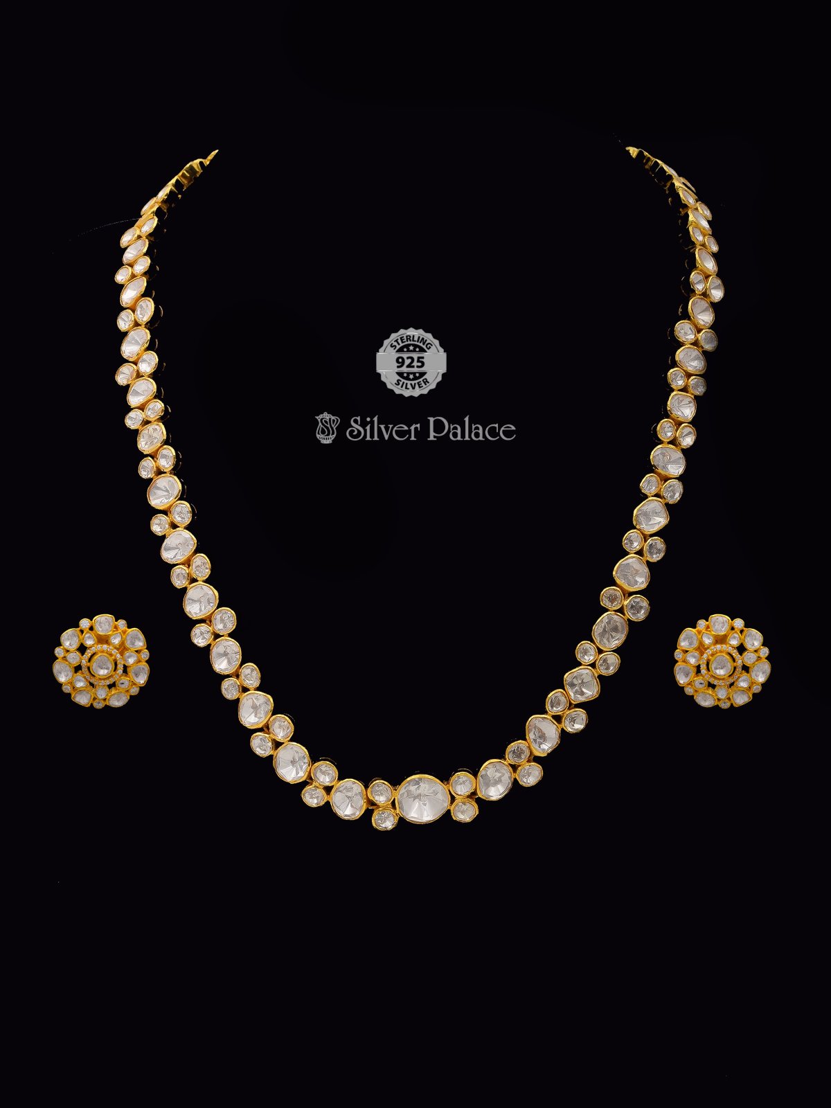 925 Sterling Silver Gold Polished Double Layer Kundan Necklace Set With  Earrings For Girls Anite Collection - Silver Palace