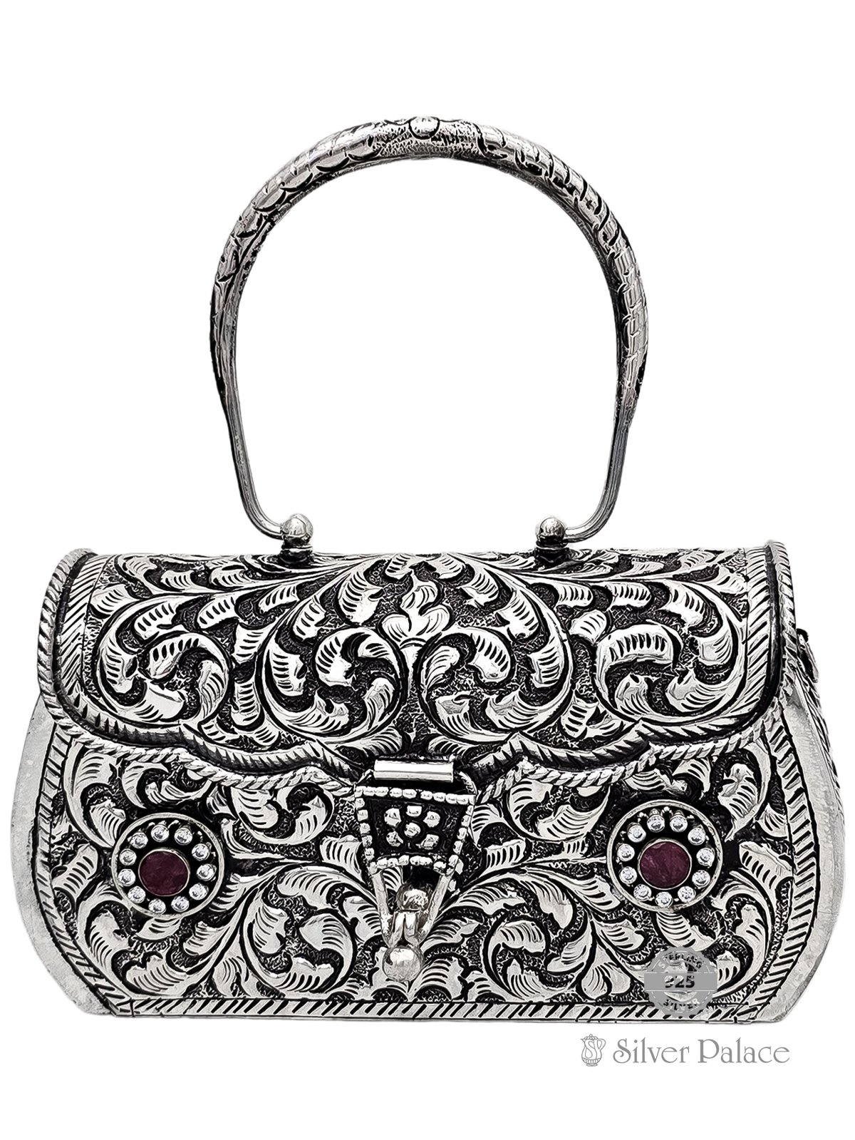 925 OXIDISED SILVER FLORAL NAGAS DESIGN WITH RED STONE PURSE FOR GIRLS