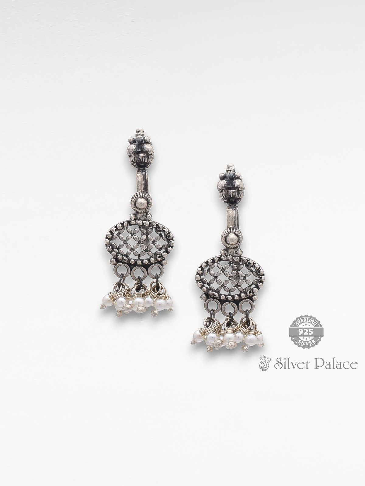 925 oxidised silver pearl beads hanging bugadi earring for girls bhava collection 