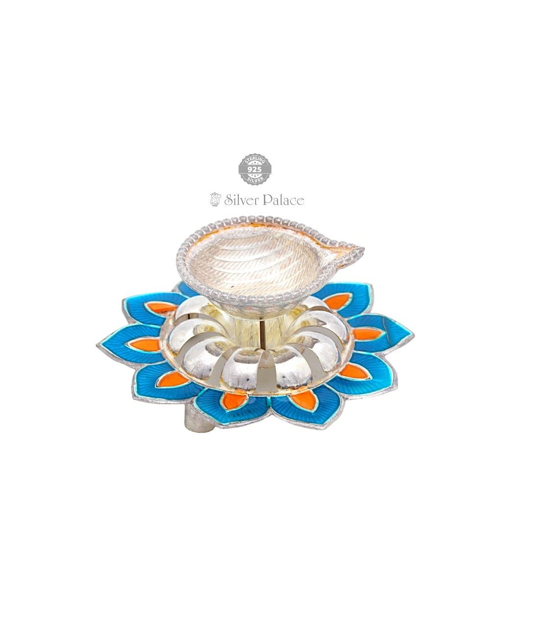 92.5 Silver Enamel Lotus Flower Design Divya Lamp  for Pooja Articles 