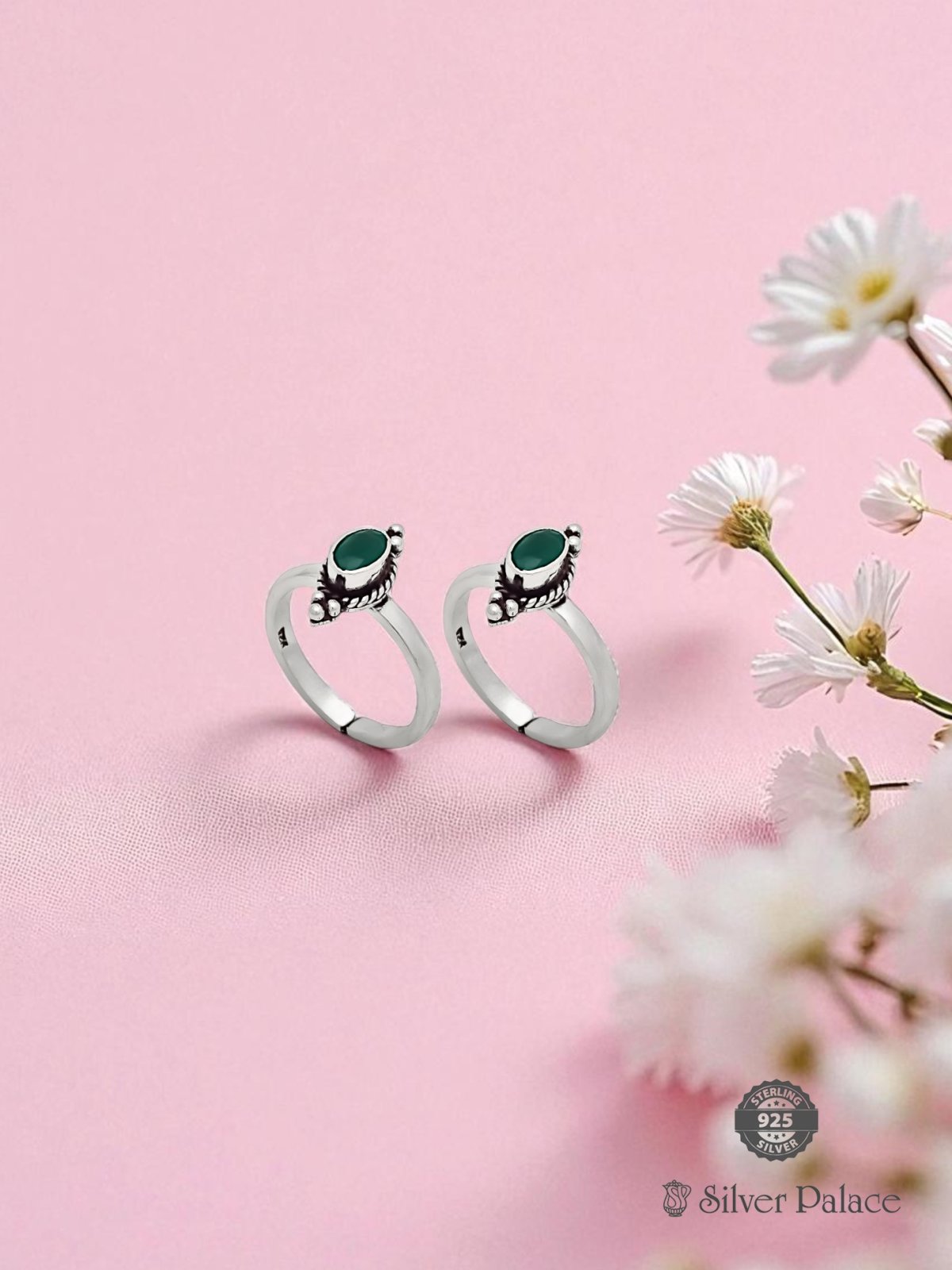 925 OXIDISED SILVER GREEN STONE TOE RING FOR GIRLS NEETH COLLECTION 