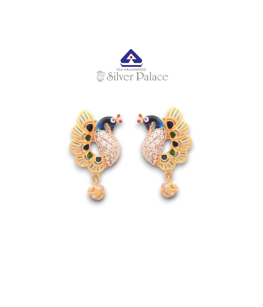 916 Gold With Kanche Collections Peacock Design with Enamel Finisg & White Stone Studded Earring For Girls