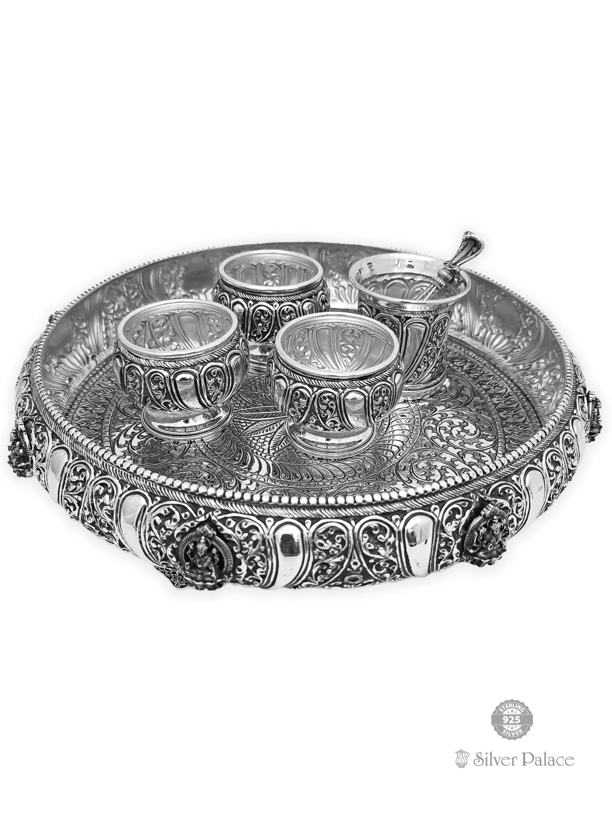 925 OXIDISED SILVER FLORAL NAGAS WITH ASTALAKSHMI PLATE SET FOR POOJA 