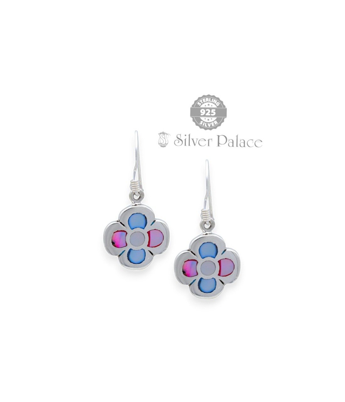 STERLING SILVER BLUE & PINK FLOWER DESIGN EARRINGS TRISHE COLLECTION 