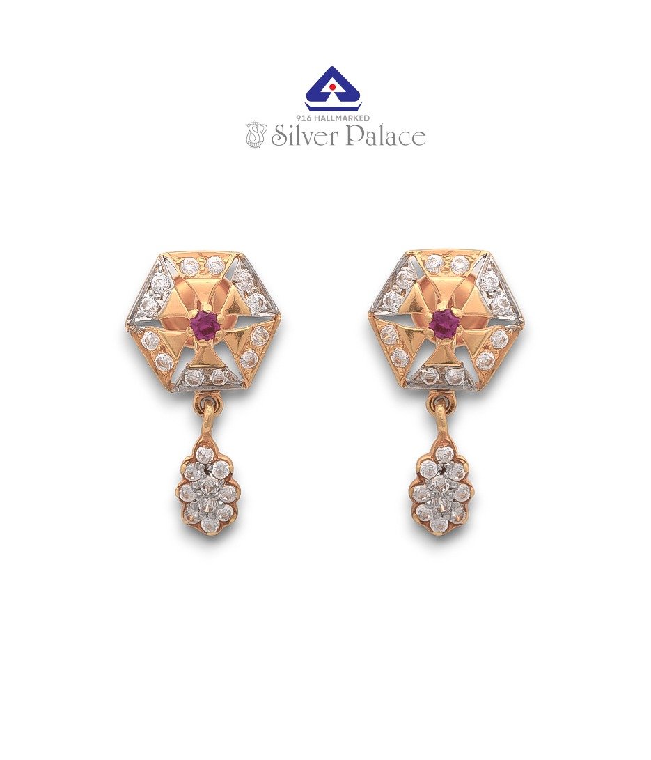 916 Pure Gold  Kanche Collections  Fancy Design with Drop Shape & CZ Stone Studedd Earr Hoops  For Girls