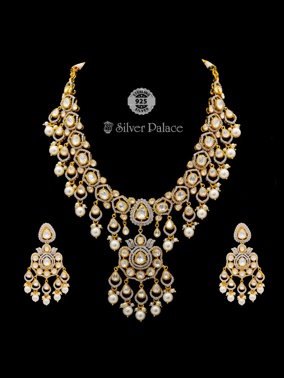 925 SILVER GOLD POLISH STONES AND PEARLS HANGING NECKLACE FOR GIRLS ANITE COLLECTION 