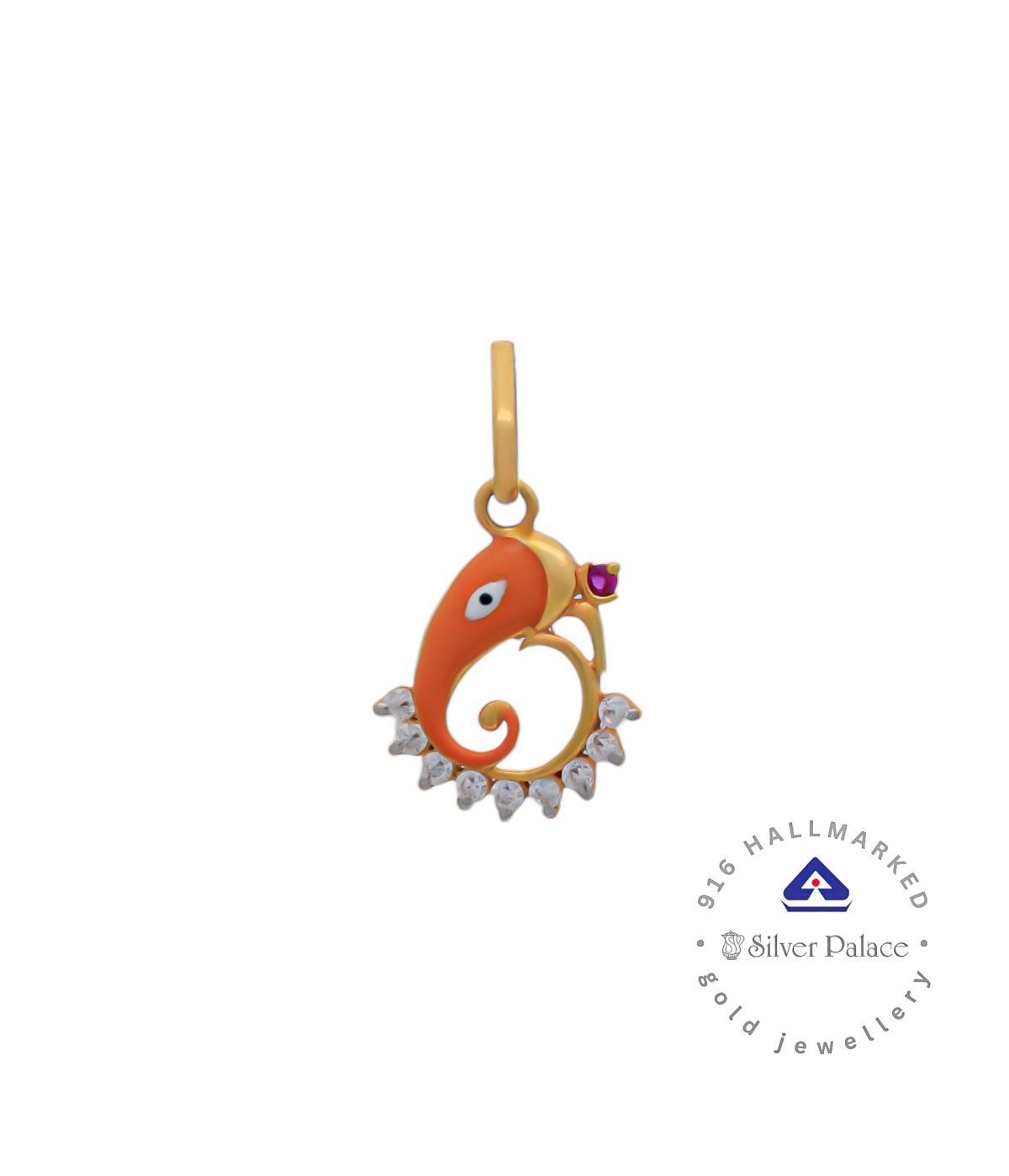 Kanche Collections 916 Pure Gold Ganesha Divine Pendant With CZ Stone Studded & Orange Color Enamel Finish For Mens & Womens 