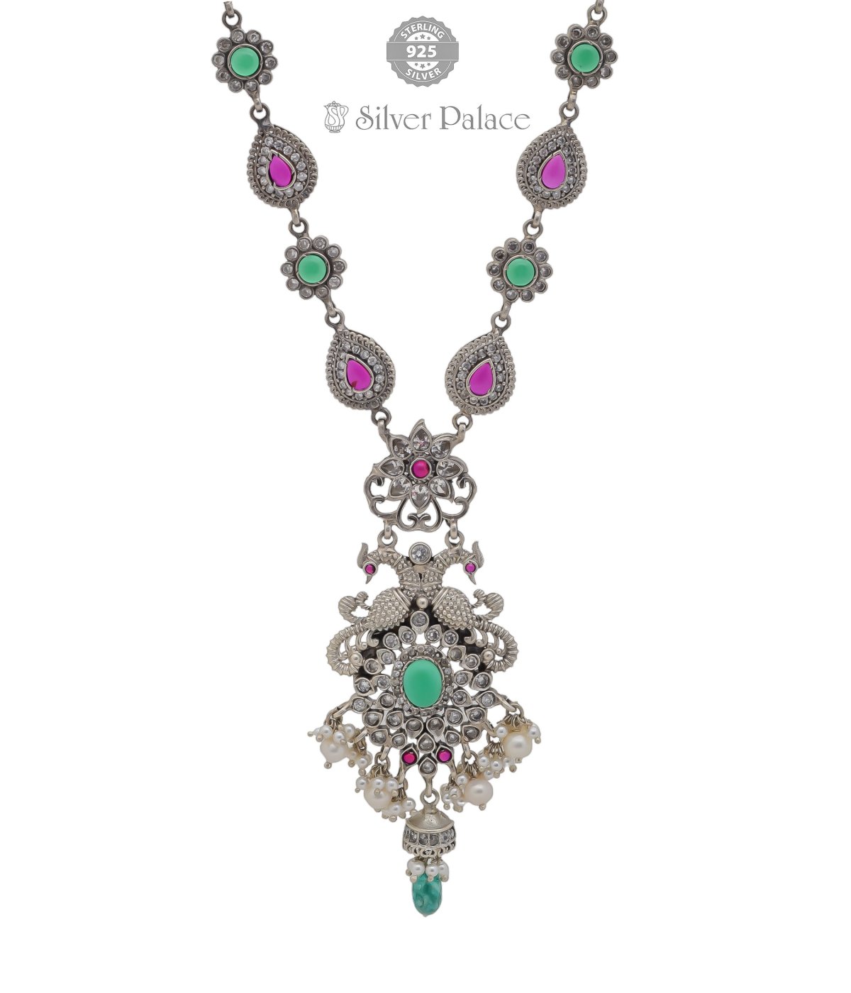 STERLING SILVER  PEACOCK DESIGN & PINK , GREEN , CZ STONE STUDDED WITH NECKLACE CHOKER ROOP COLLECTION