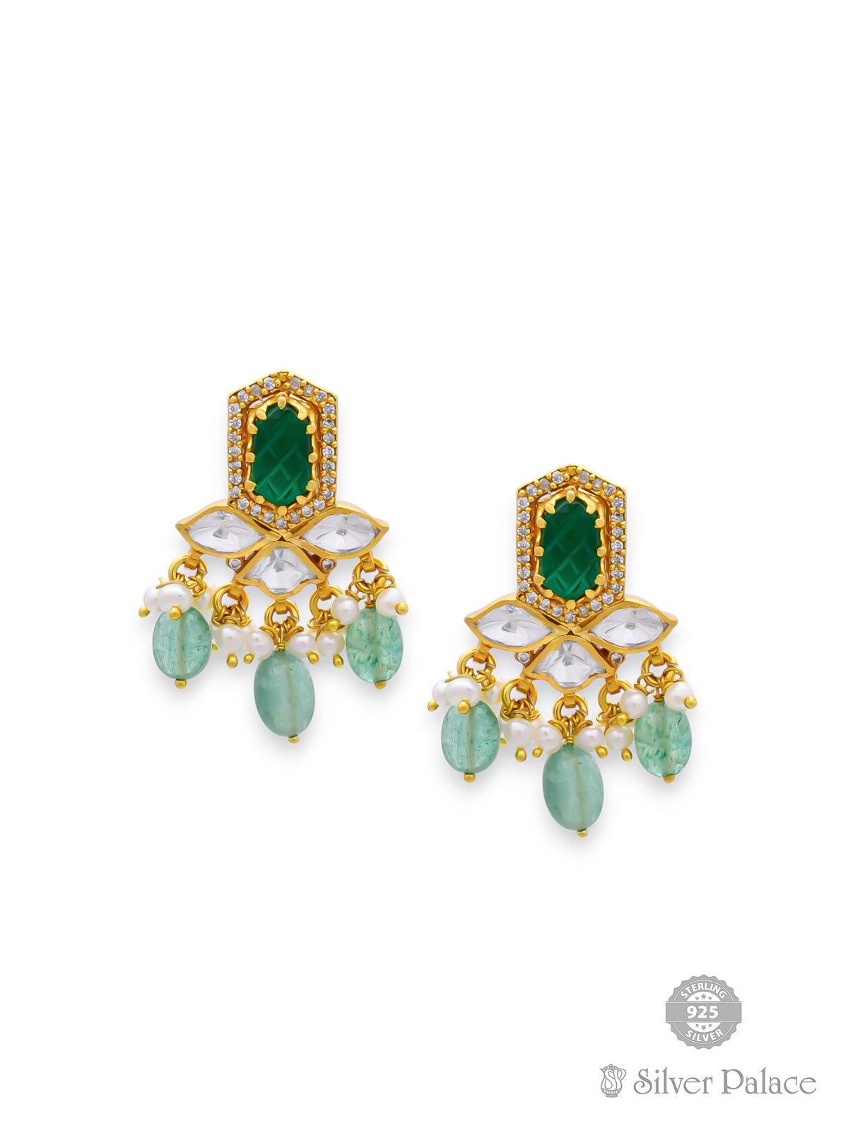 925 SILVER GOLD POLISHED GREEN STONE WITH BEADS EARRING FOR LADIES ANITE COLLECTION 