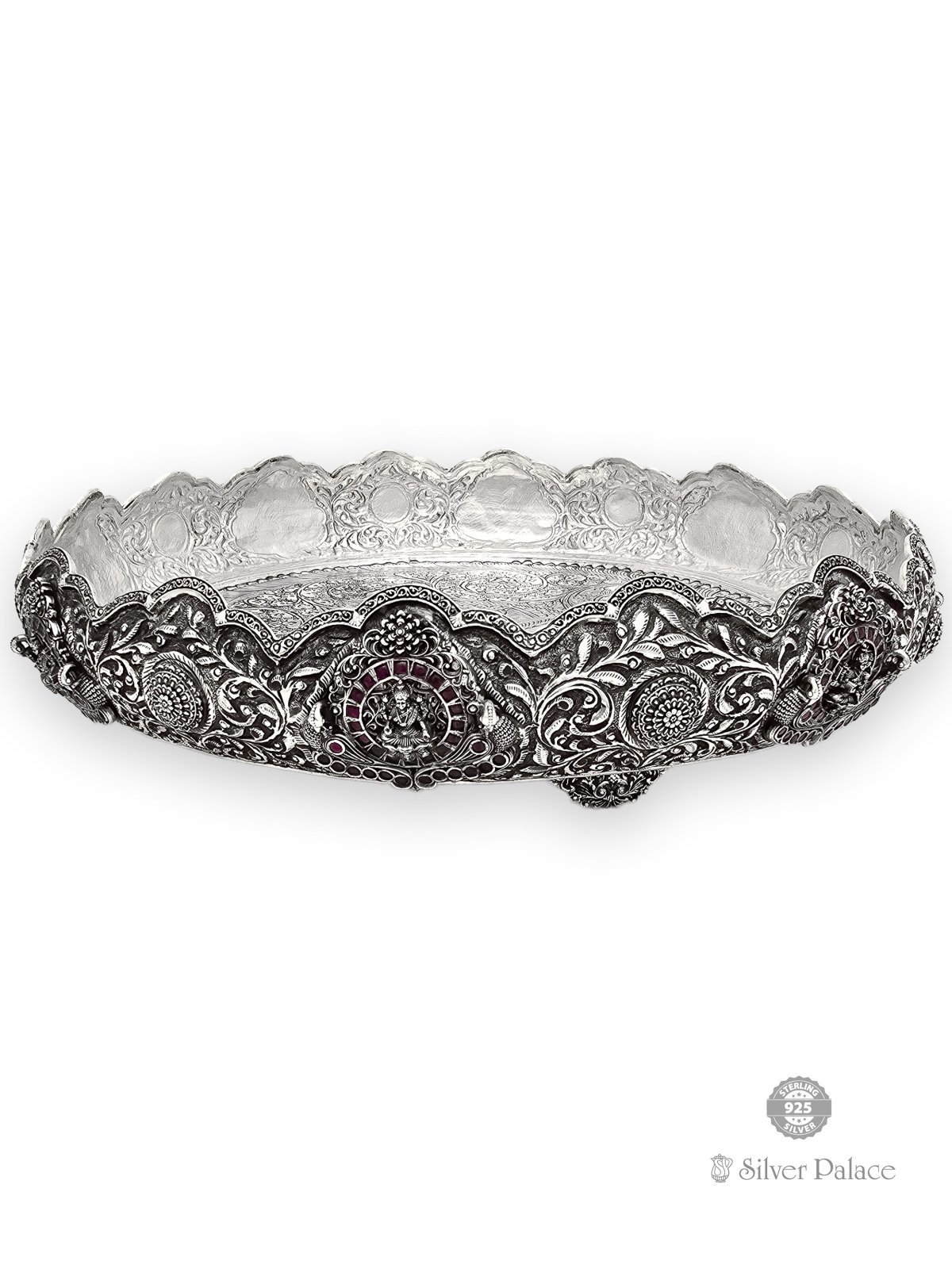925 ANTIC SILVER ASTALAKSHMI WITH PINK STONE DESIGN PLATE FOR POOJA 
