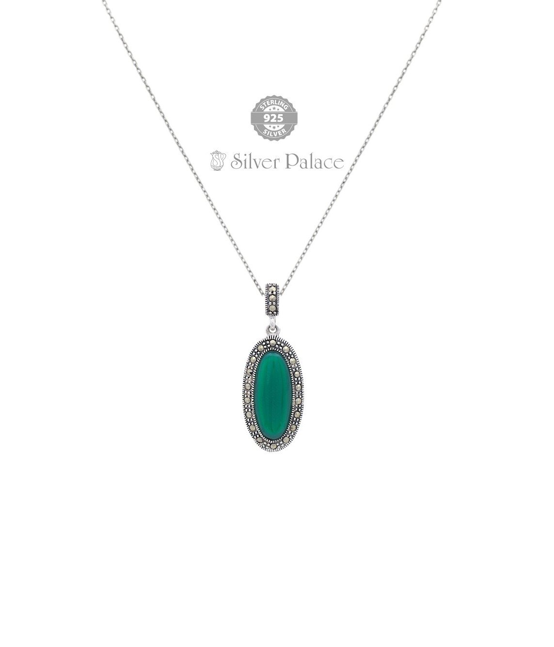 92.5 Sterling Silver Prite Collections Green Onyx Marcasite Pendant For Girls