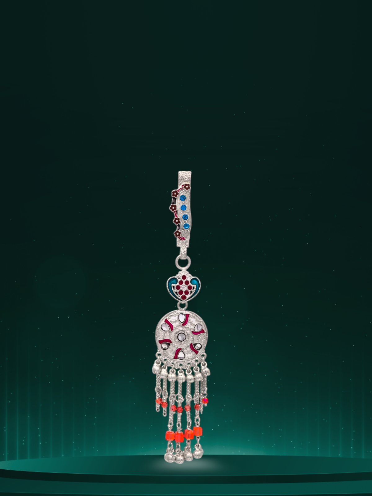 FINE SILVER ENAMEL WITH RED BEADS HIP KEY RINGS FOR LADIES