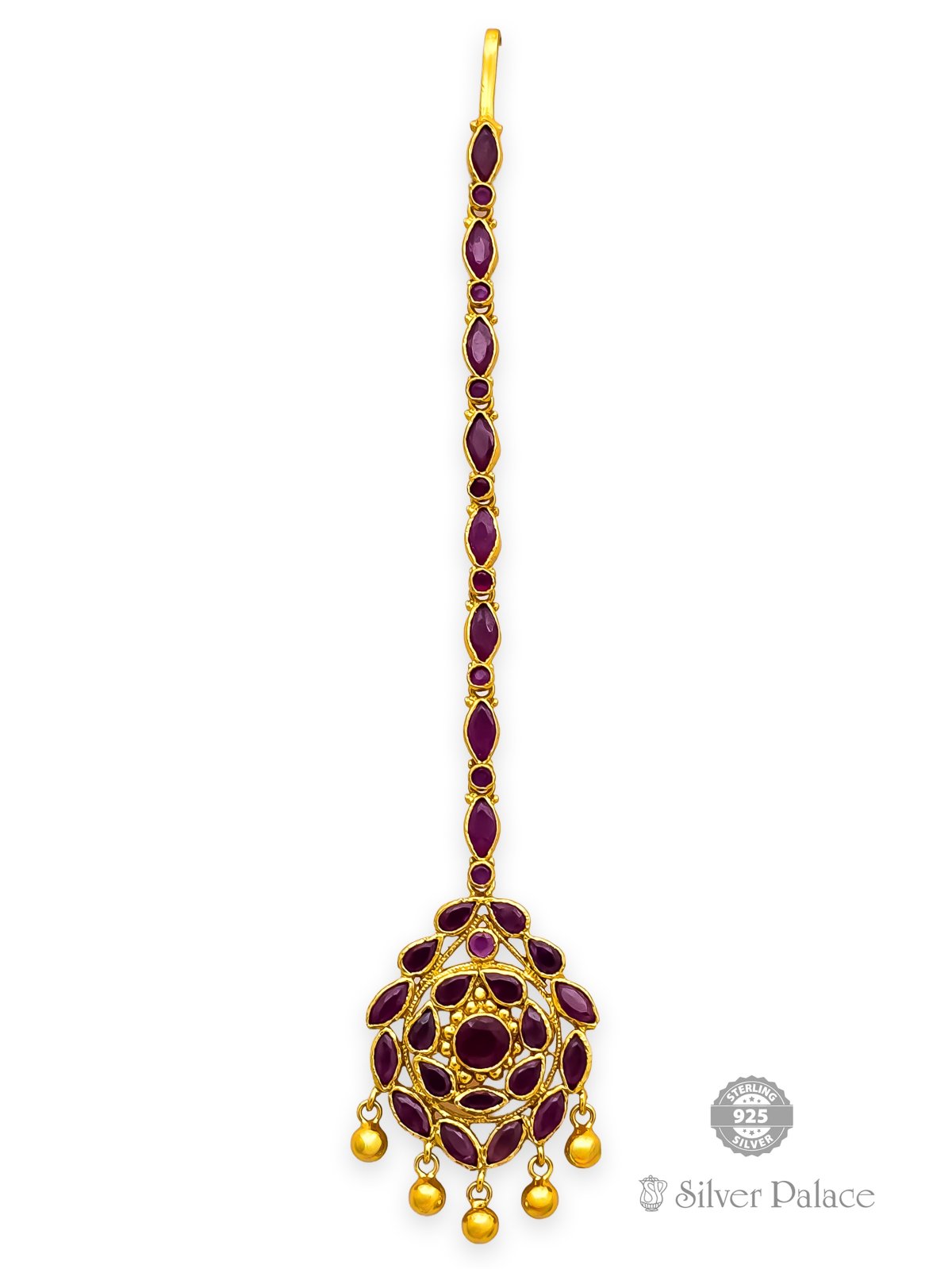 925 SILVER GOLD POLISHED RED STONE WITH HANGING BEADS DESIGN NETTHI CHUTTI 