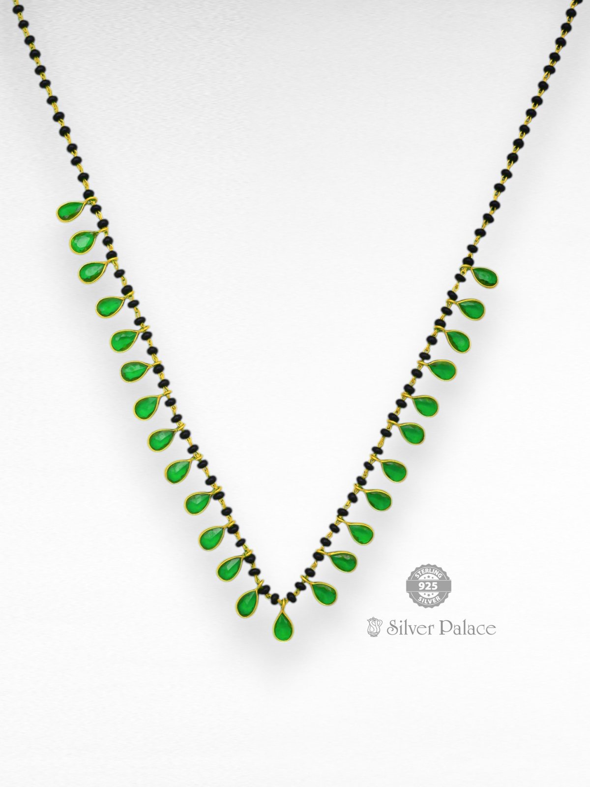 925 sterling silver green stone with black beads mangalsutra for ladies 