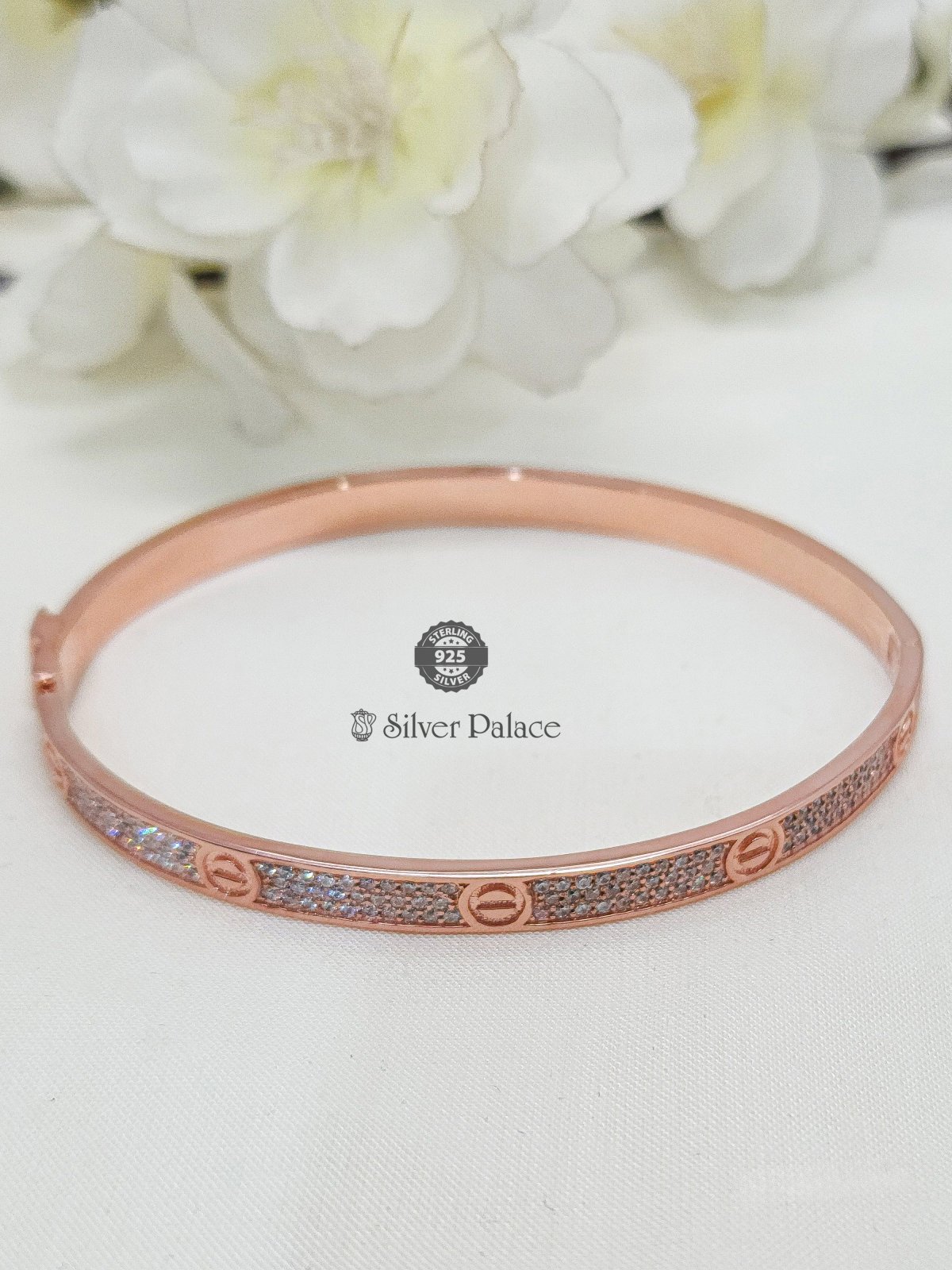 925 Silver Rose Gold White Stones Ladies Kada Silver Palace