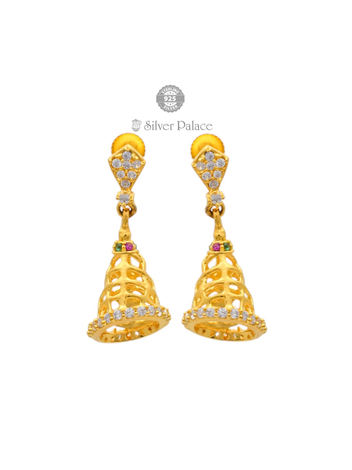 925 SILVER GOLD POLISH CONE SHAPE JHUMKA WITH STONES ANITE COLLECTION 