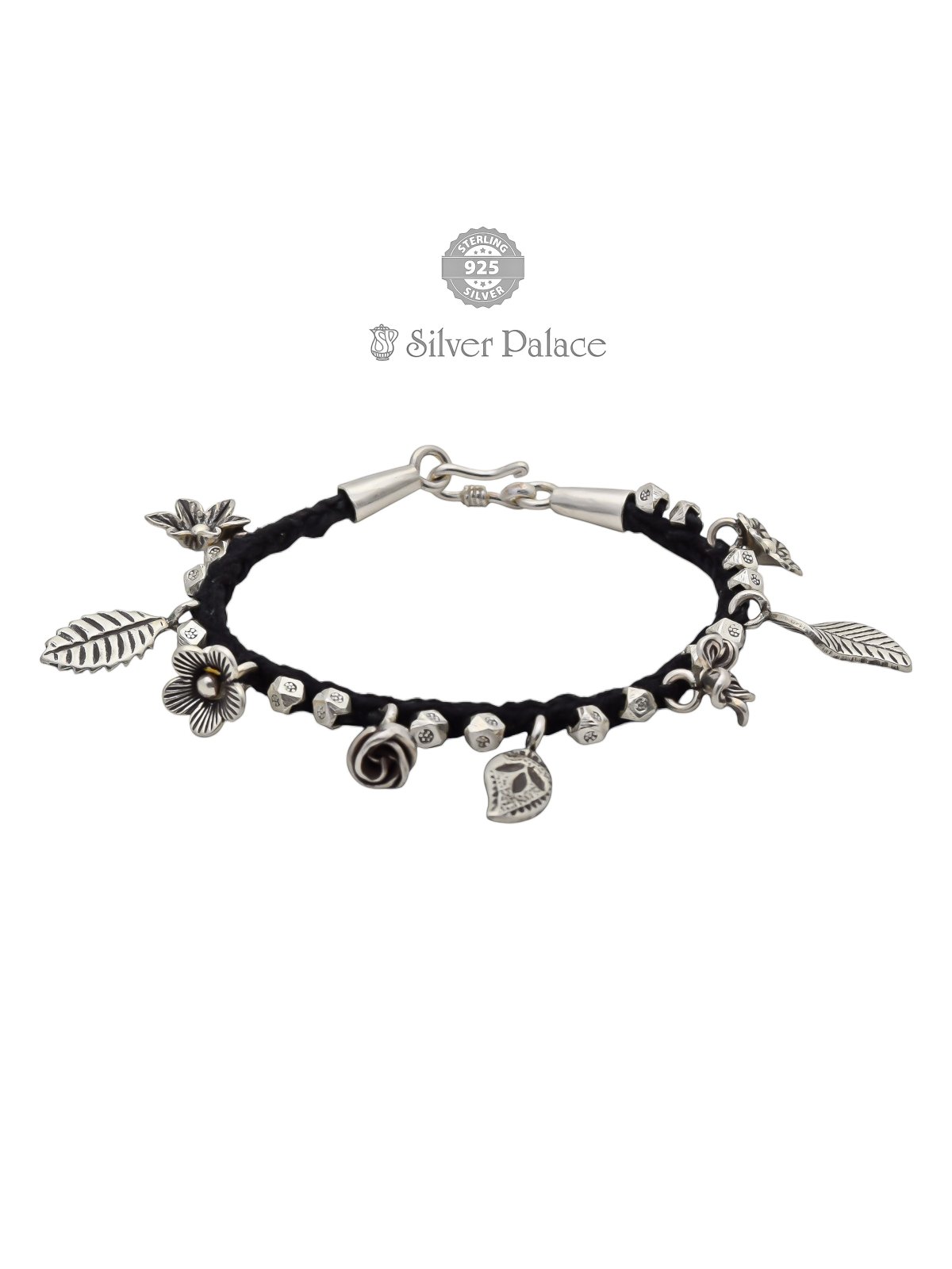 92.5 STERLING SILVER LEAF AND FLORAL DESIGN WITH THREAD BRACELET FOR WOMEN
