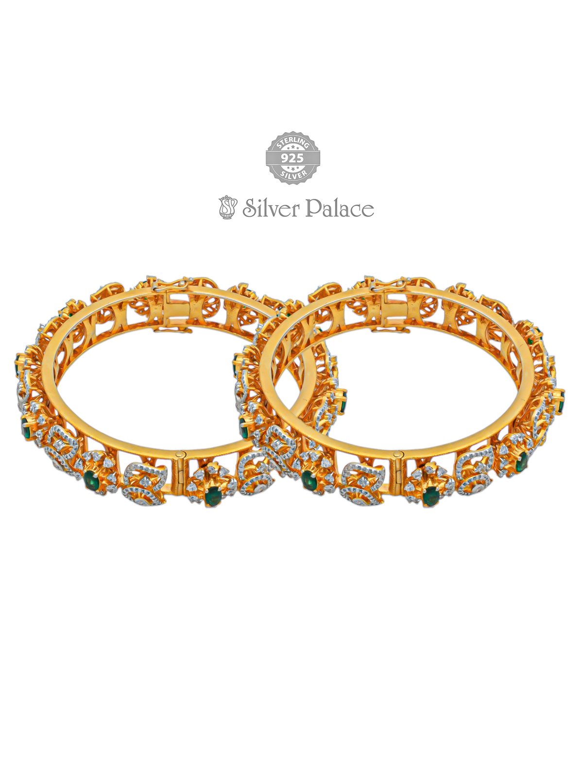 925 SILVER GOLD POLISH FLORAL AND LEAF DESIGN WITH STONES PAIR BANGLES FOR WOMEN ANITE COLLECTION 