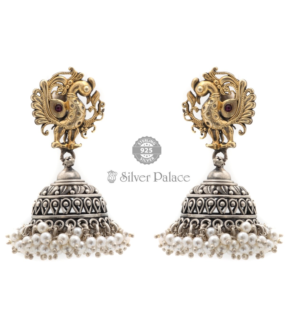 92.5 Sterling silver Gold-Toned PEACOCK Contemporary Pearl Studded Antique Jhumkas Earrings