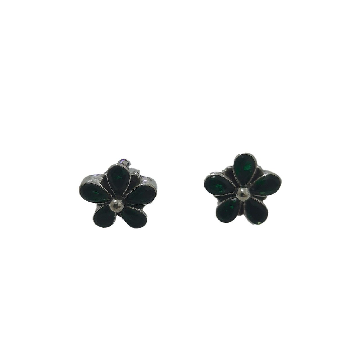 GREEN STONE FLORAL EARRING IN SILVER