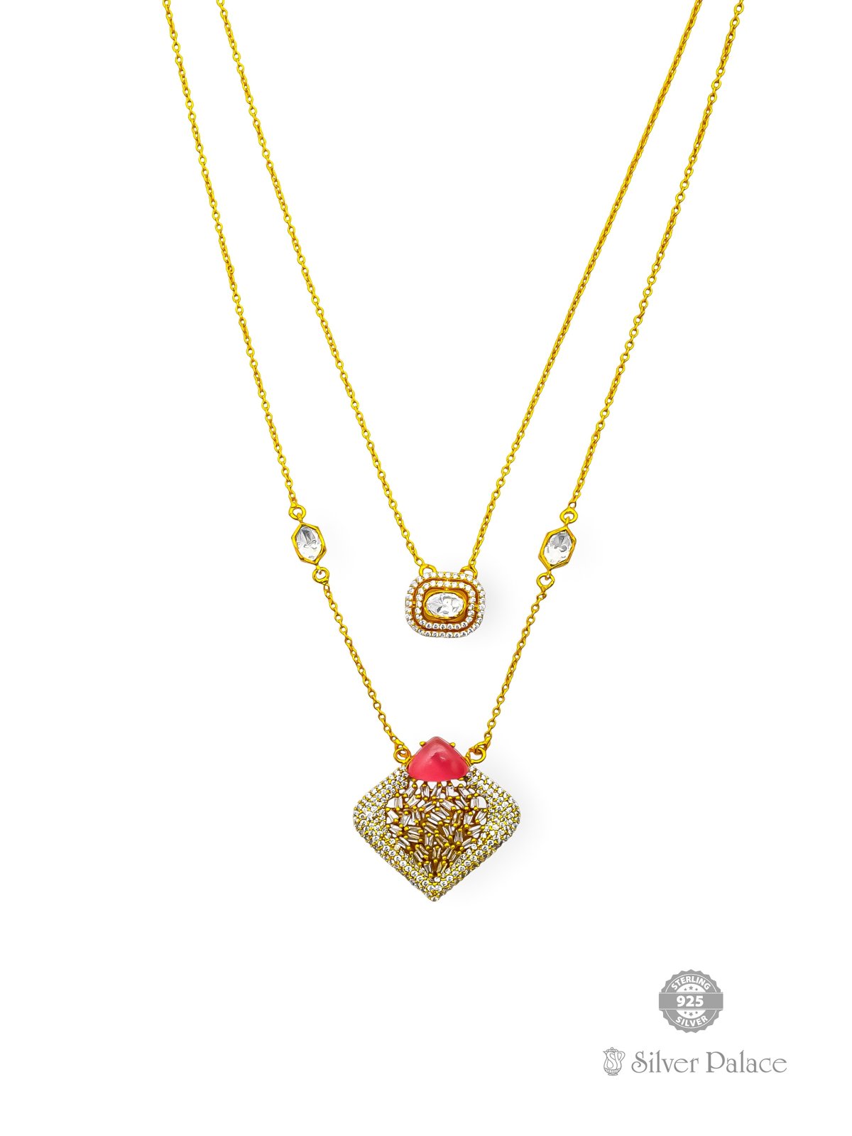 925 SILVER GOLD POLISHED DOUBLE LAYER PENDANT CHAIN FOR GIRLS ANITE COLLECTION 