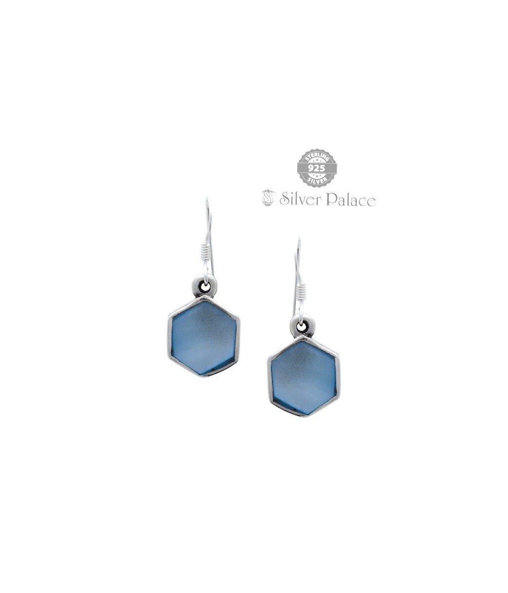 Pure Silver Trishe Collection Hexagon shape Blue Pearl Studded earring