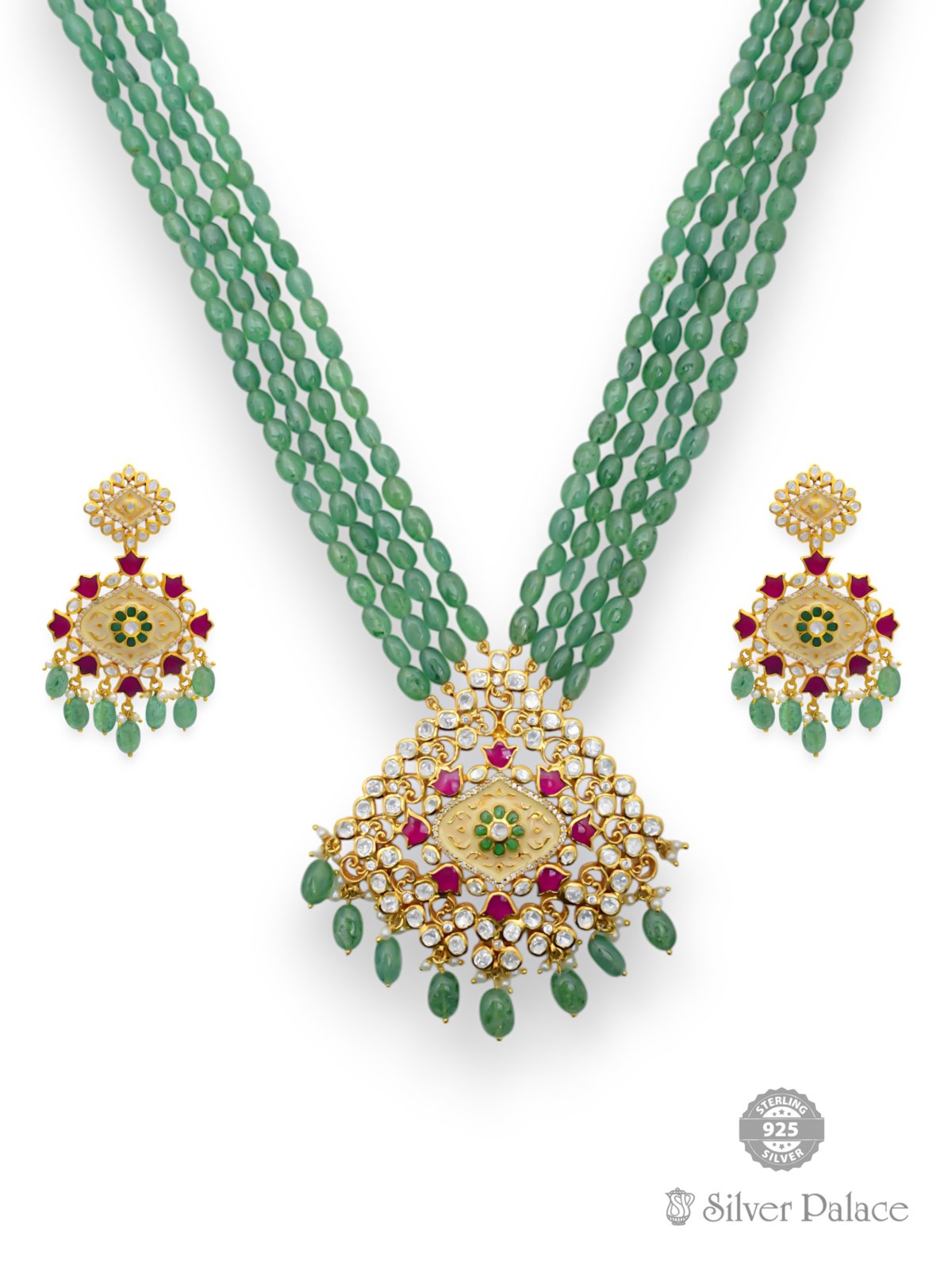 925 Silver Gold Polished White Stone With Green Beads Necklace For