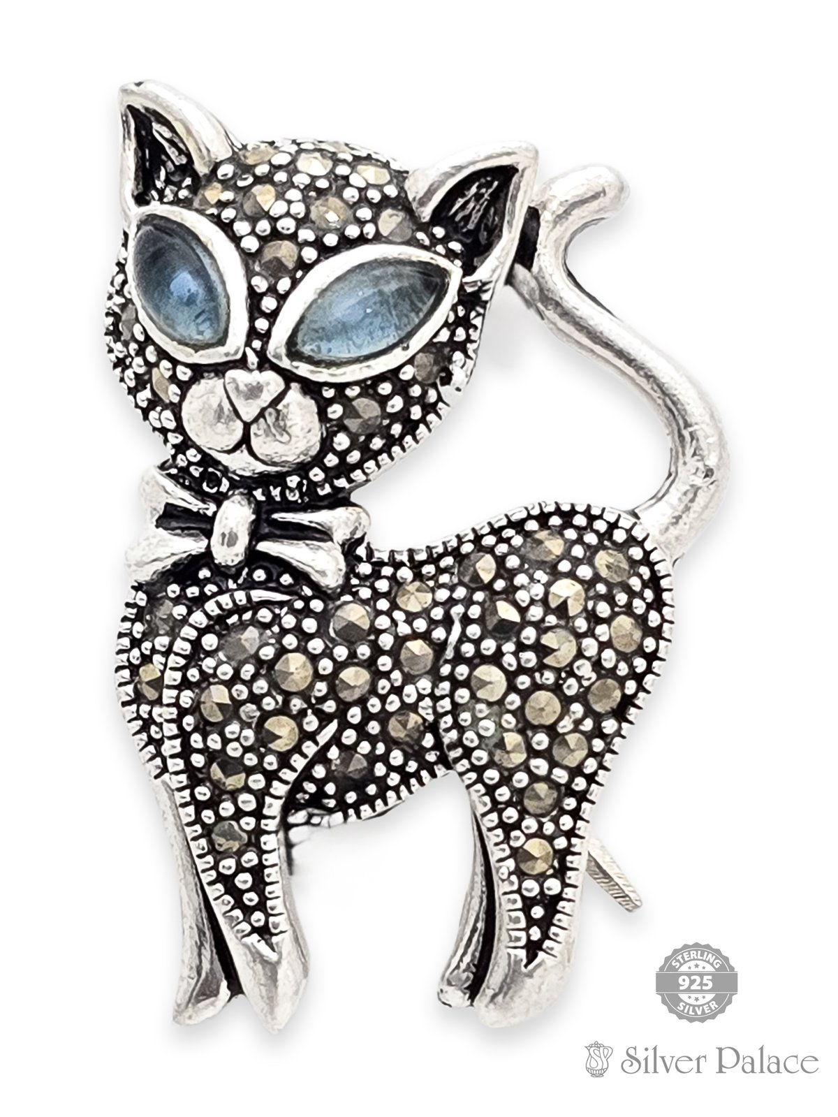 925 OXIDISED SILVER CAT DESIGN WITH MARCA STONE BROOCH FOR GIRLS 