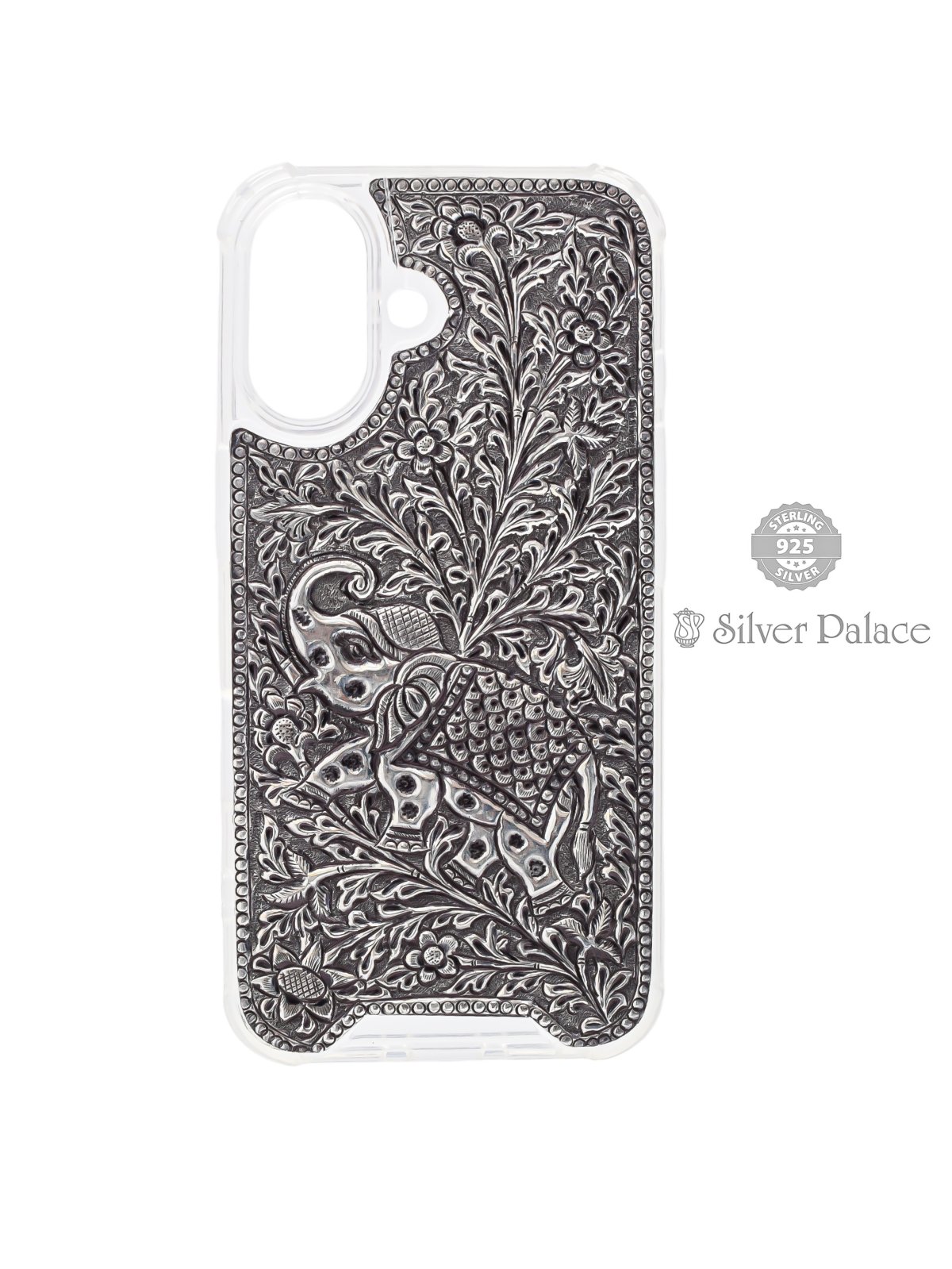 925 STERLING SILVER ELEPHANT AND FLORAL ENGRAVED PHONE CASE FOR IPHONE 16 