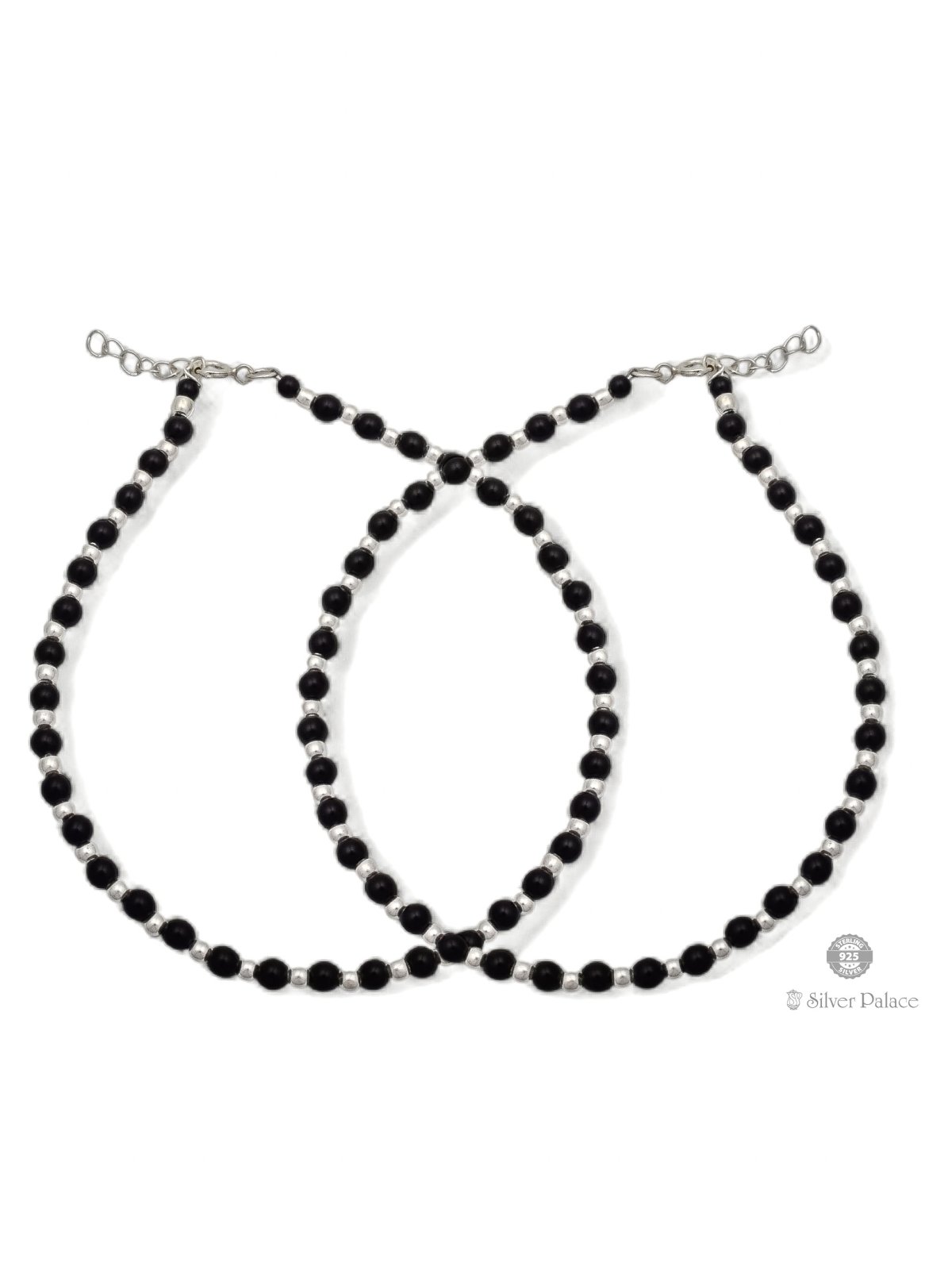 925 SILVER ONE BY ONE BLACK AND SILVER BEADS DESIGN ANKLETS FOR GIRLS  