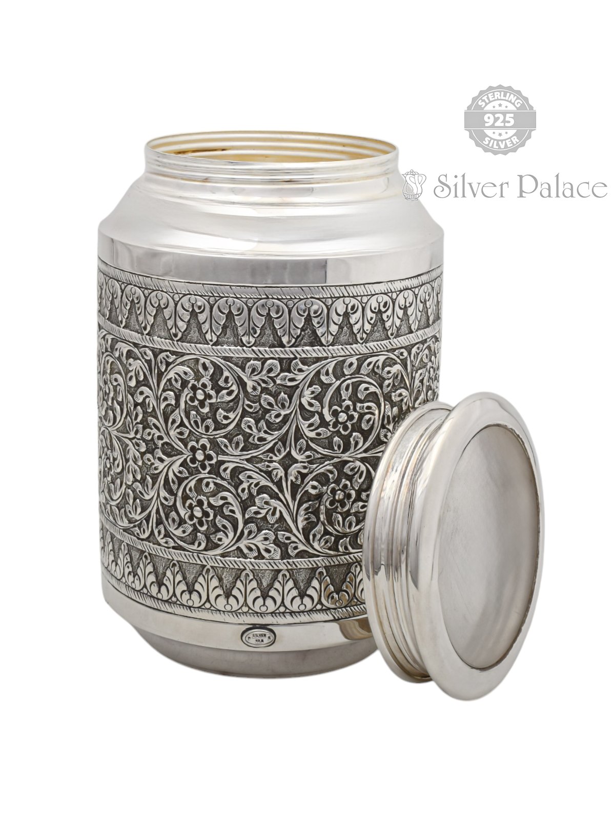 925 Oxidised Silver Handcrafted Floral Engraved Storage Jar with Lid 