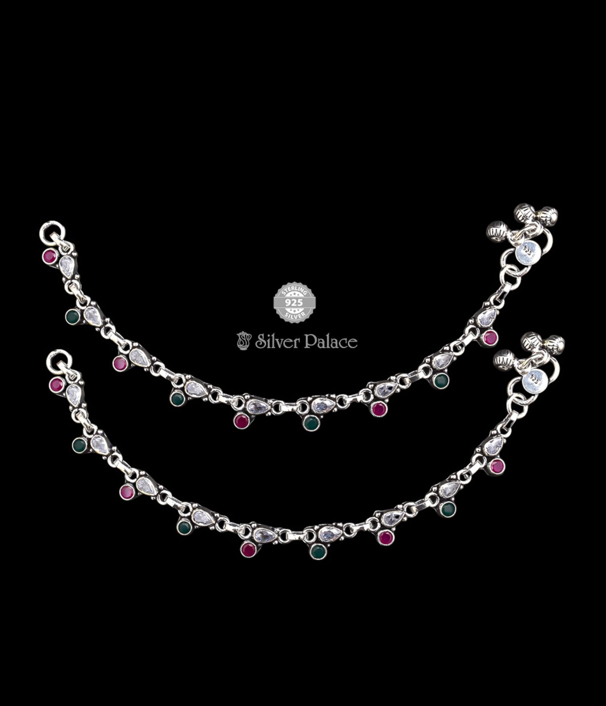 925 Silver Neeth Collections Ruby & Green Stone Studded Anklets For Daily Use