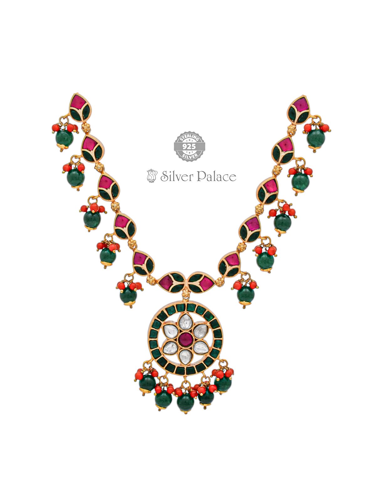 925 STERLING SILVER ANITE COLLECTION GOLD POLISHED PINK & GREEN STONE NECKLACE FOR WOMEN