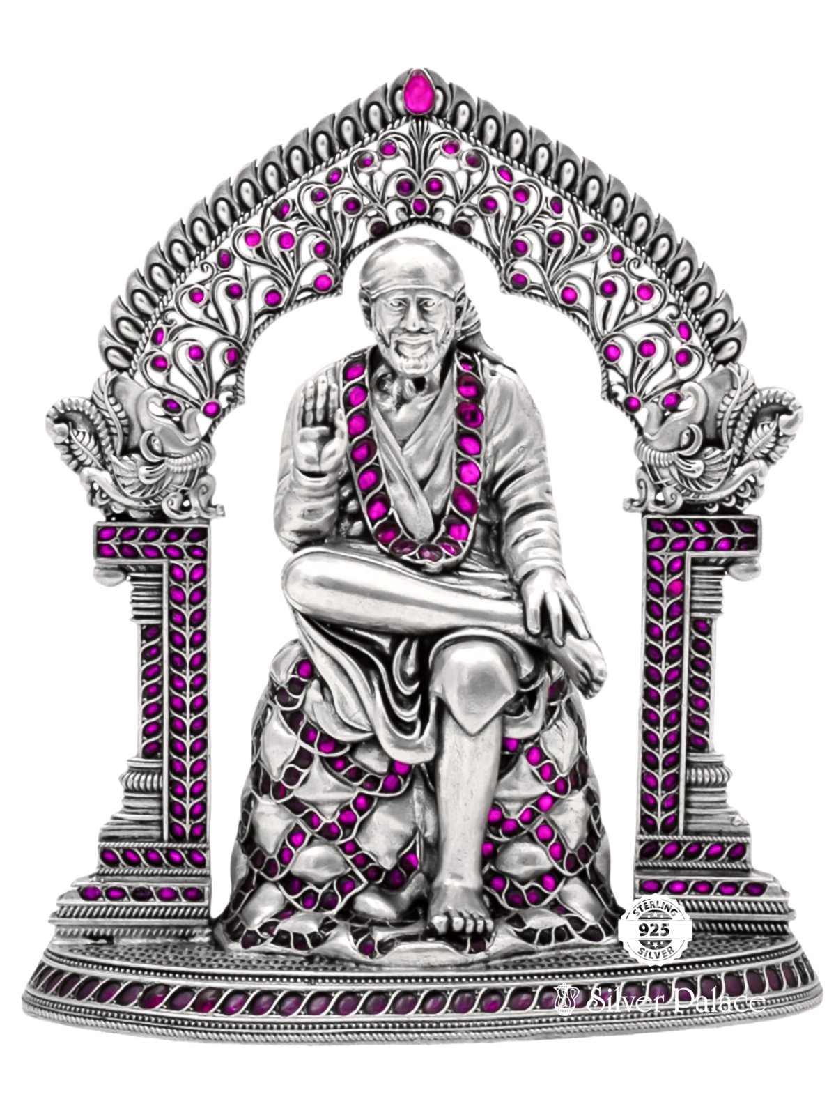 925 OXIDISED SILVER PINK STONE SAI BABA IDOL FOR YOUR POOJA ROOM 