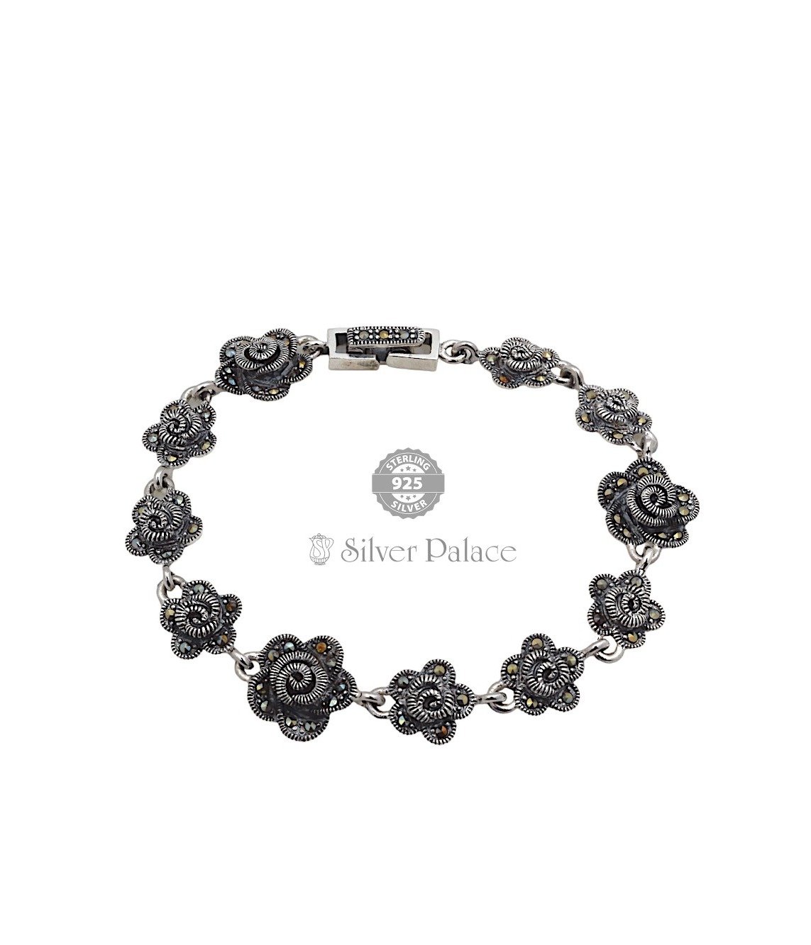 925 Sterling Silver Marcasite Rose Oxidised Bracelet For Girls