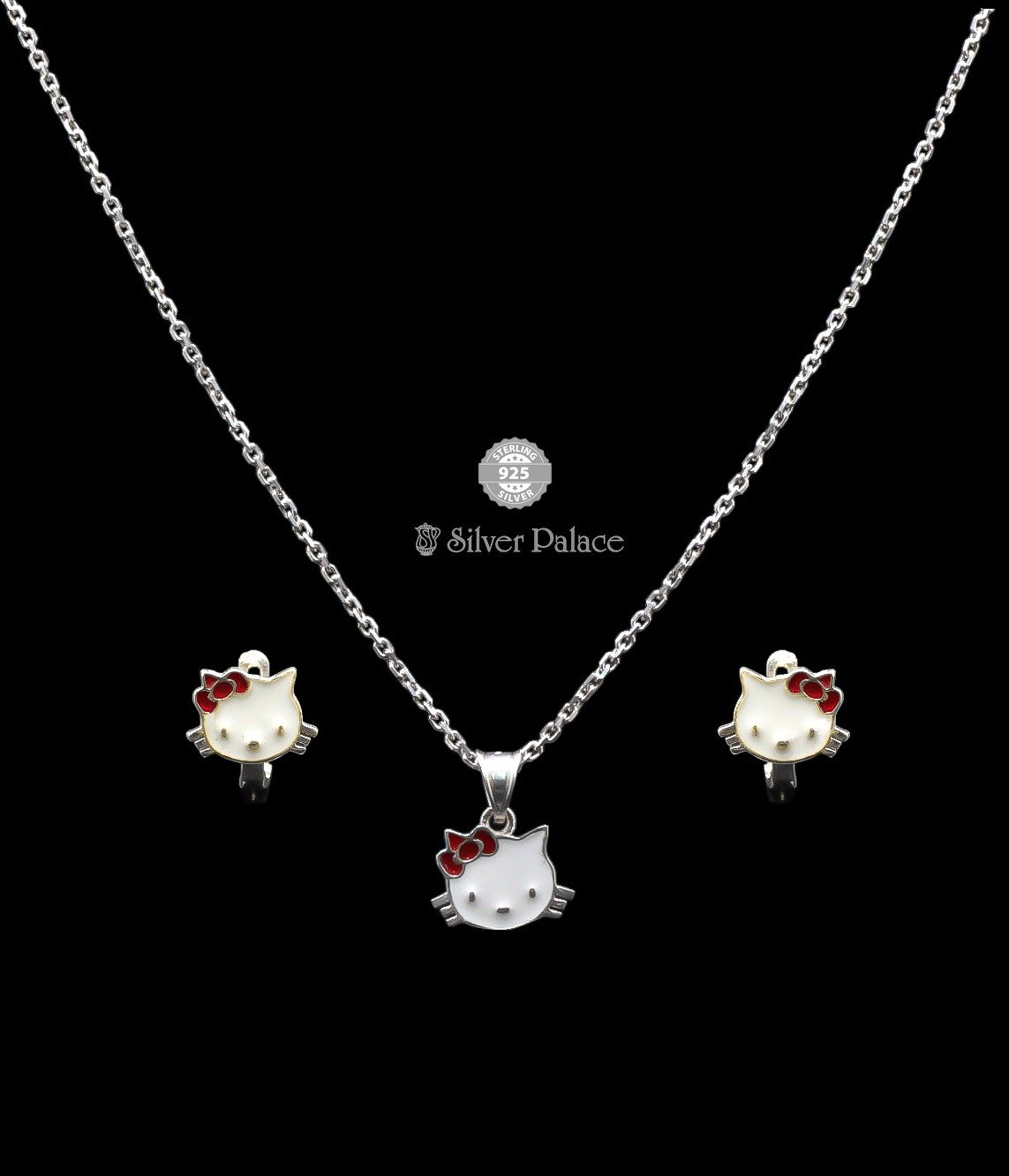 92.5 Silver Aara Collections Hello Kitty Crystal & Enamel Pendant With Earring For Kids