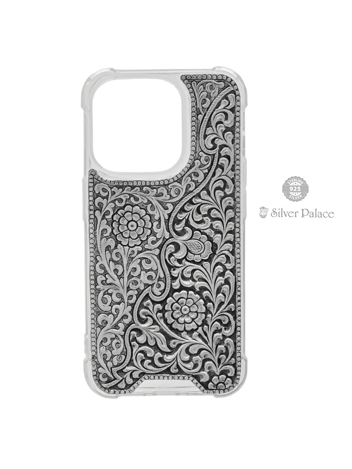 925 STERLING SILVER FLORAL ENGRAVED PHONE CASE FOR IPHONE 15 PRO