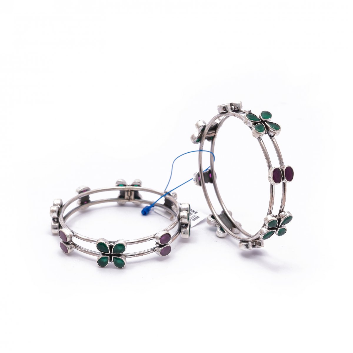 925 OXIDISED SILVER RED & GREEN STONE BANGLE FOR GIRLS 
