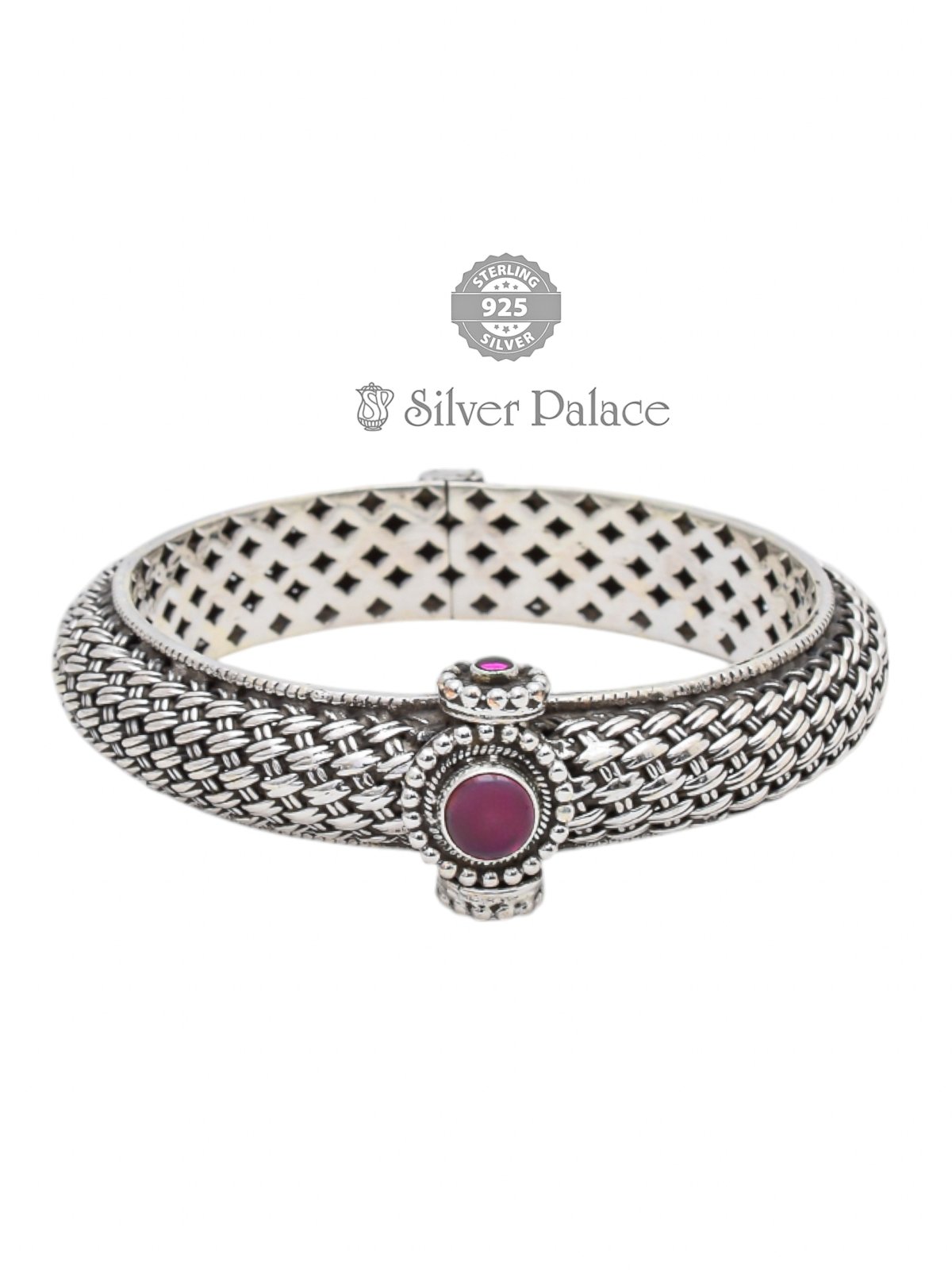 925 Oxidised Silver Red Stone Weave Design Kada for Women Mannj Collection