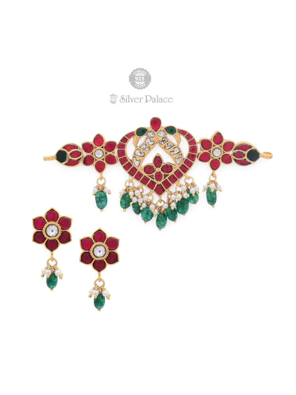 925 Sterling Silver Gold Polished Floral & Heart Design Choker with White, Green, and Red Stones – Traditional Indian Ethnic Jewelry | Anite Collection