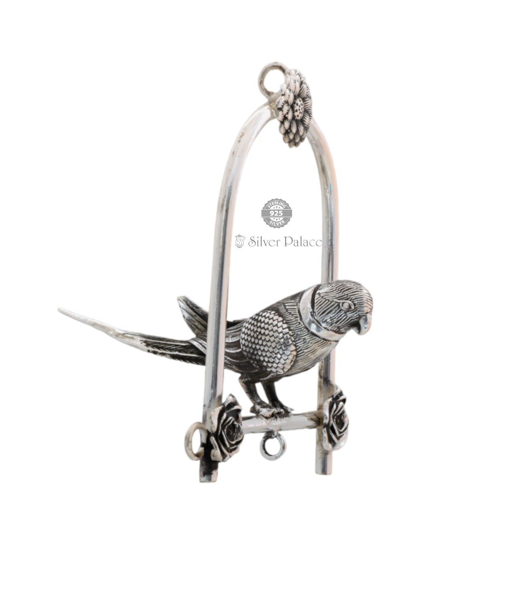 925 Sterling Silver Parrot Statue With  Flower Design Arch Hanger 