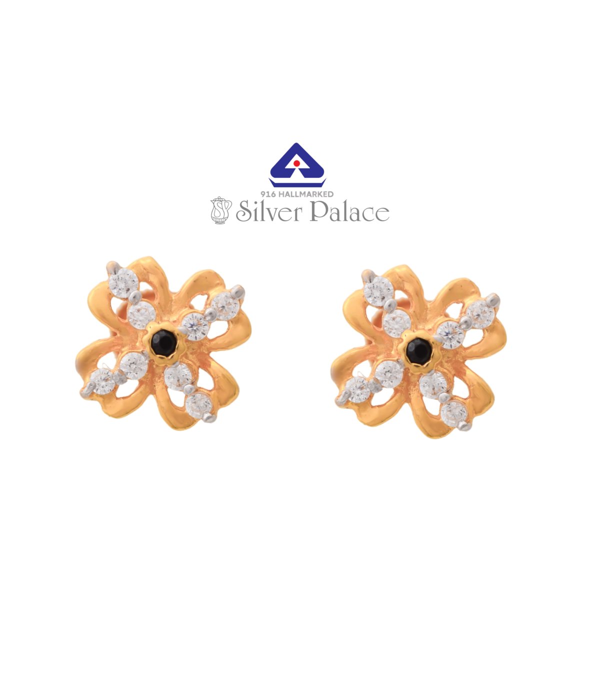 Kanche Collections  916 Gold Floral design With Cz & Black Stones Ear Hoops For Women 