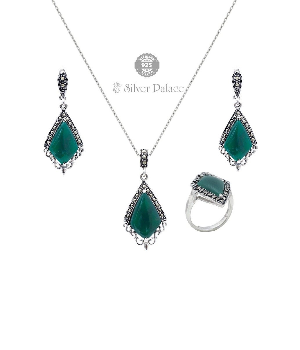 92.5 Sterling Silver Prite' Collection Marcasite Green Onyx Pendant Set 
