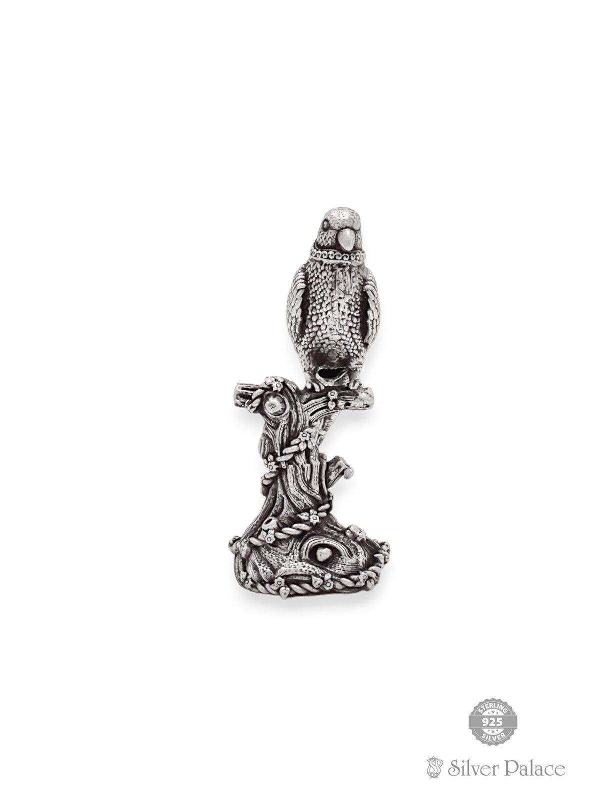 925 OXIDISED SILVER PARROT WITH STANDING TREE FOR SHOW PIECE 