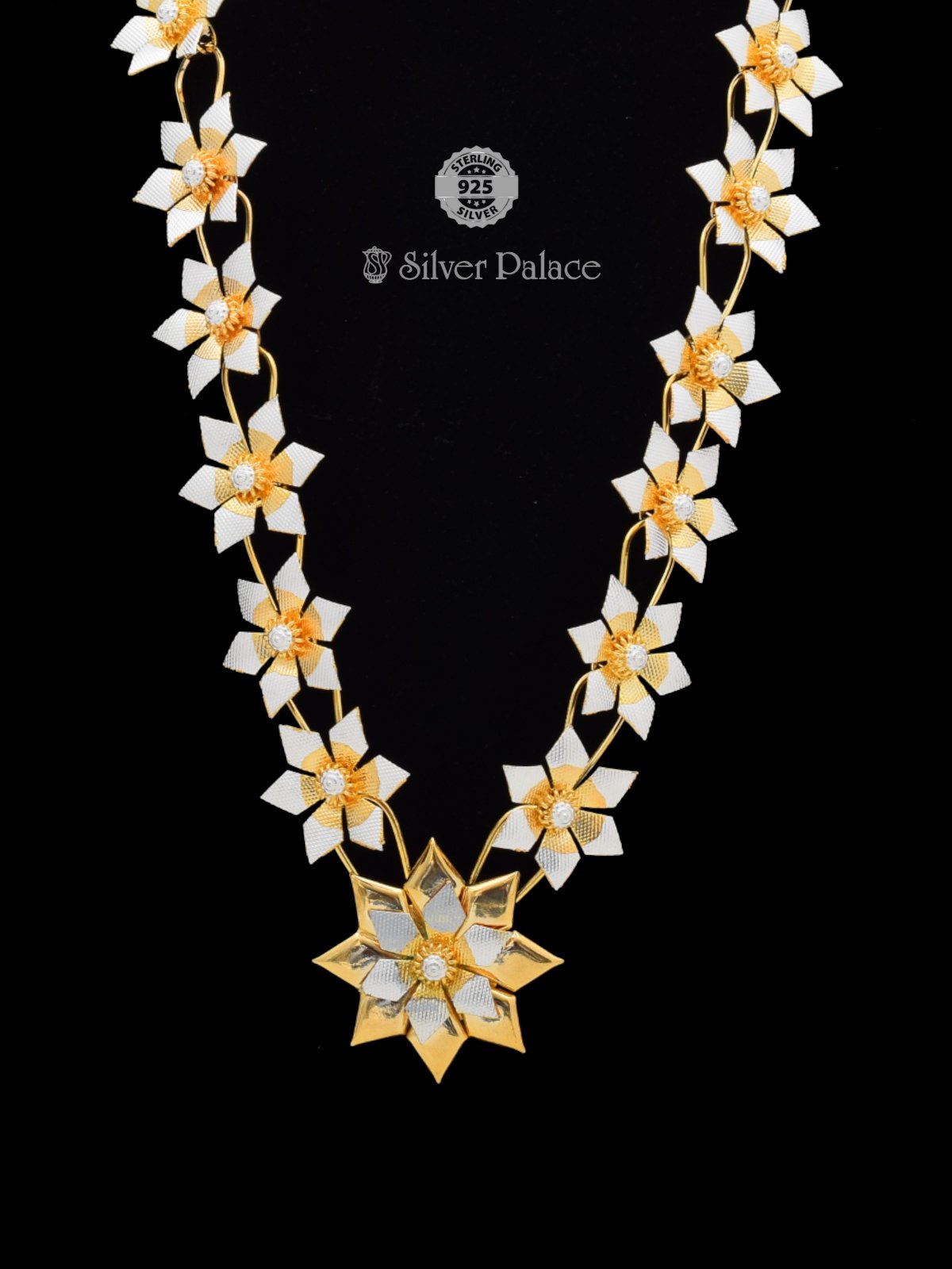PURE SILVER FLOWER GARLAND / MALA WITH GOLD POLISH PNA