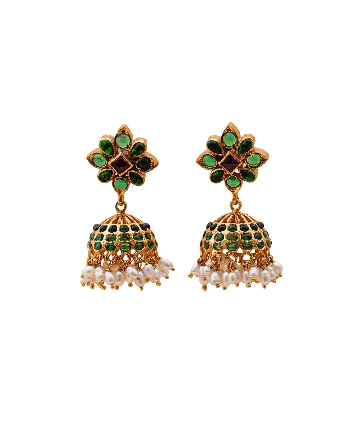 92.5 SILVER GOLD POLISHED FLORAL GREEN STONE DESIGN JHUMKI WITH WHITE PEARLS