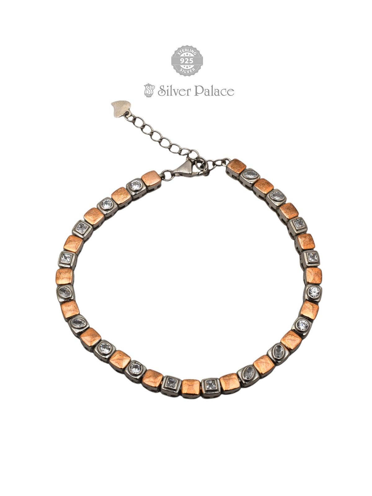 925 PURE SILVER ROUND,OVAL,CUBIC DESIGN STONE WITH ROSE GOLD TOUCH BRACELET FOR WOMEN PUYA COLLECTION