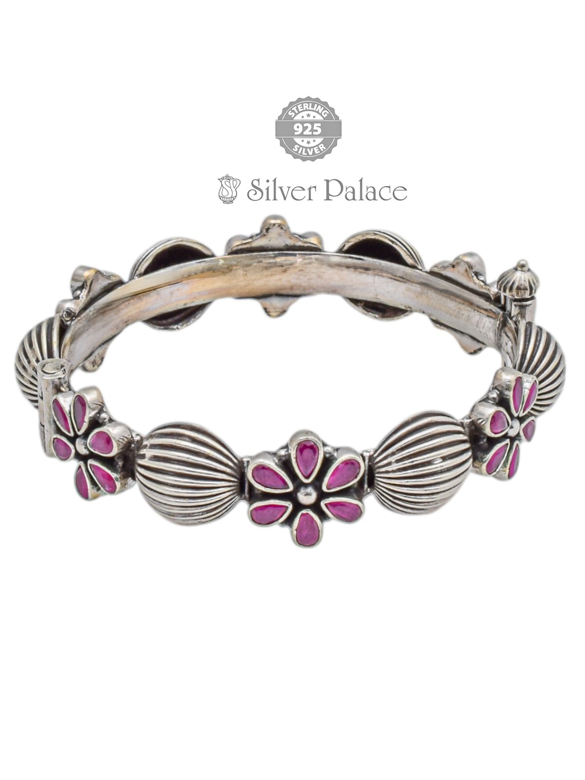 925 Oxidised Silver Pink Floral Design Kada For Girls Mannj Collection