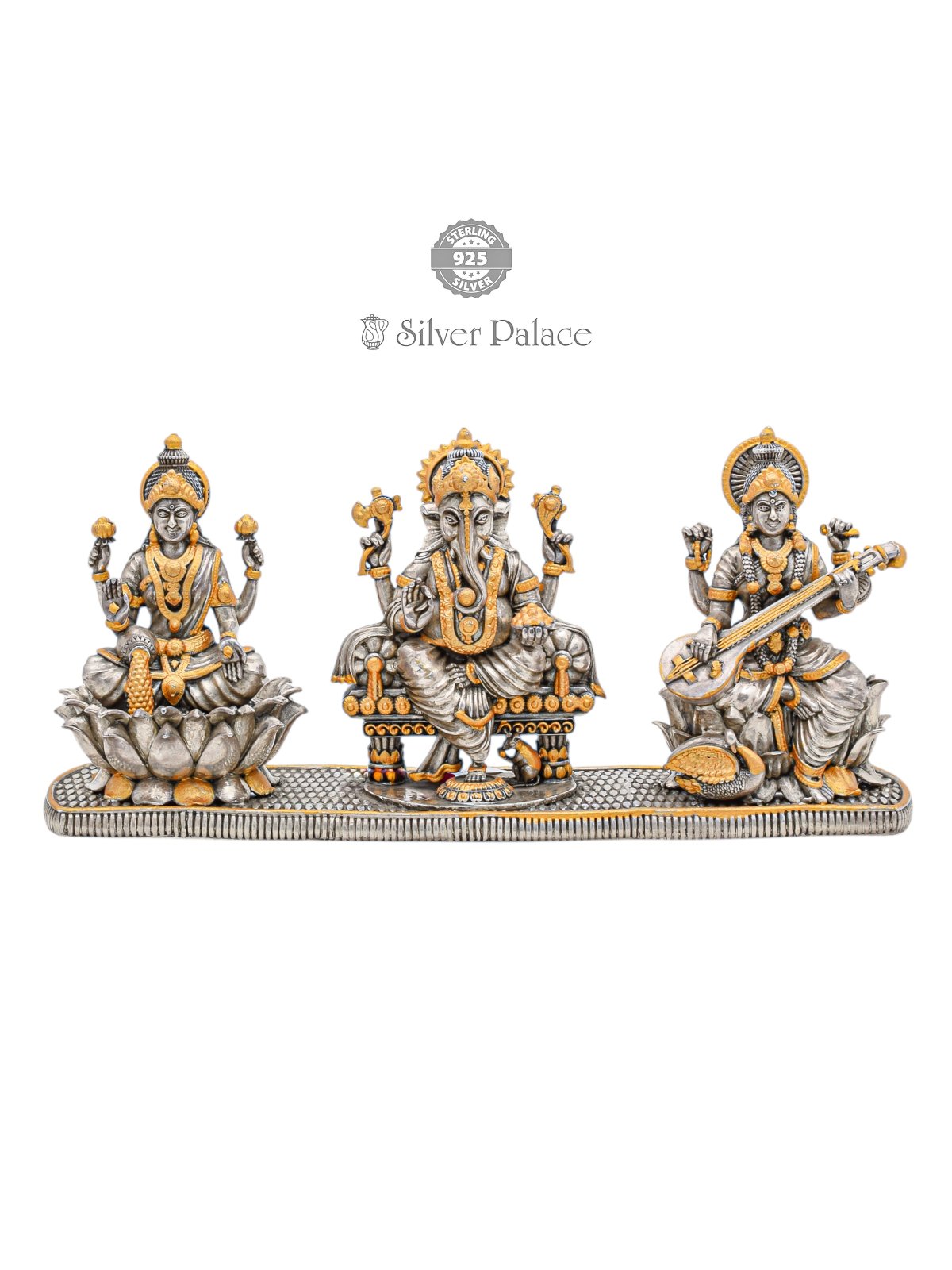 925 Silver and Gold Plated Lakshmi, Ganesh, and Saraswati Idol Set