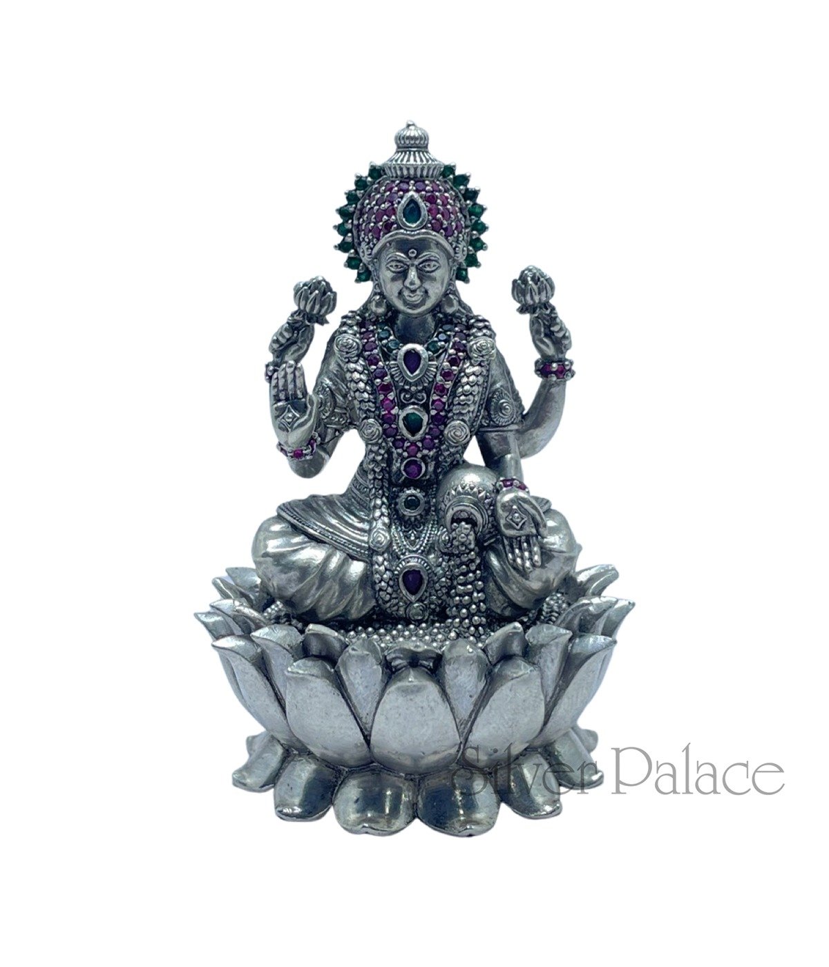 92.5 Oxidised Silver Lakshmi Idol With Stones On Lotus - Silver Palace